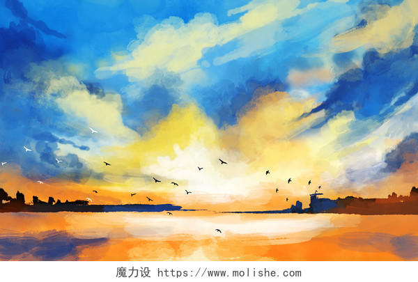 水彩插画手绘风景背景天空云彩蓝色写意山水夕阳